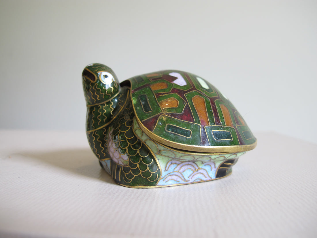 Enameled Turtle Trinket Jewelry Box Vintage