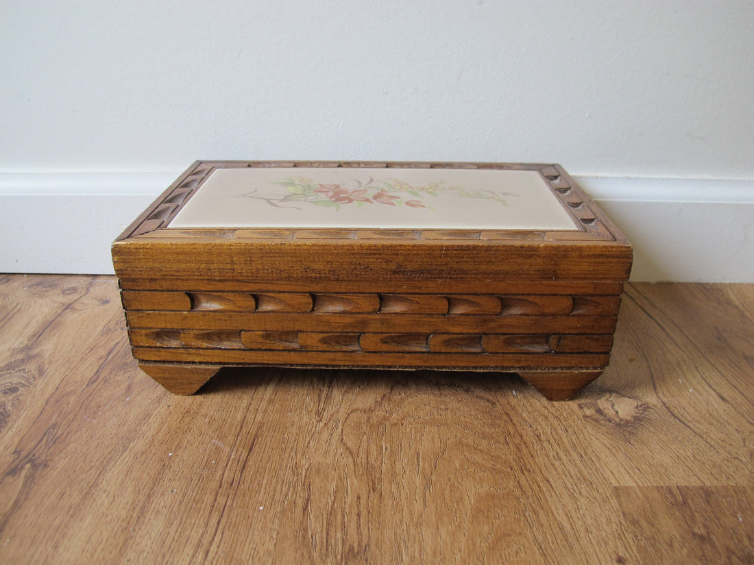 Vintage Mexican Tile & Carved Wood Jewelry Box with Mirror – Handcrafted Folk Art Keepsake Box