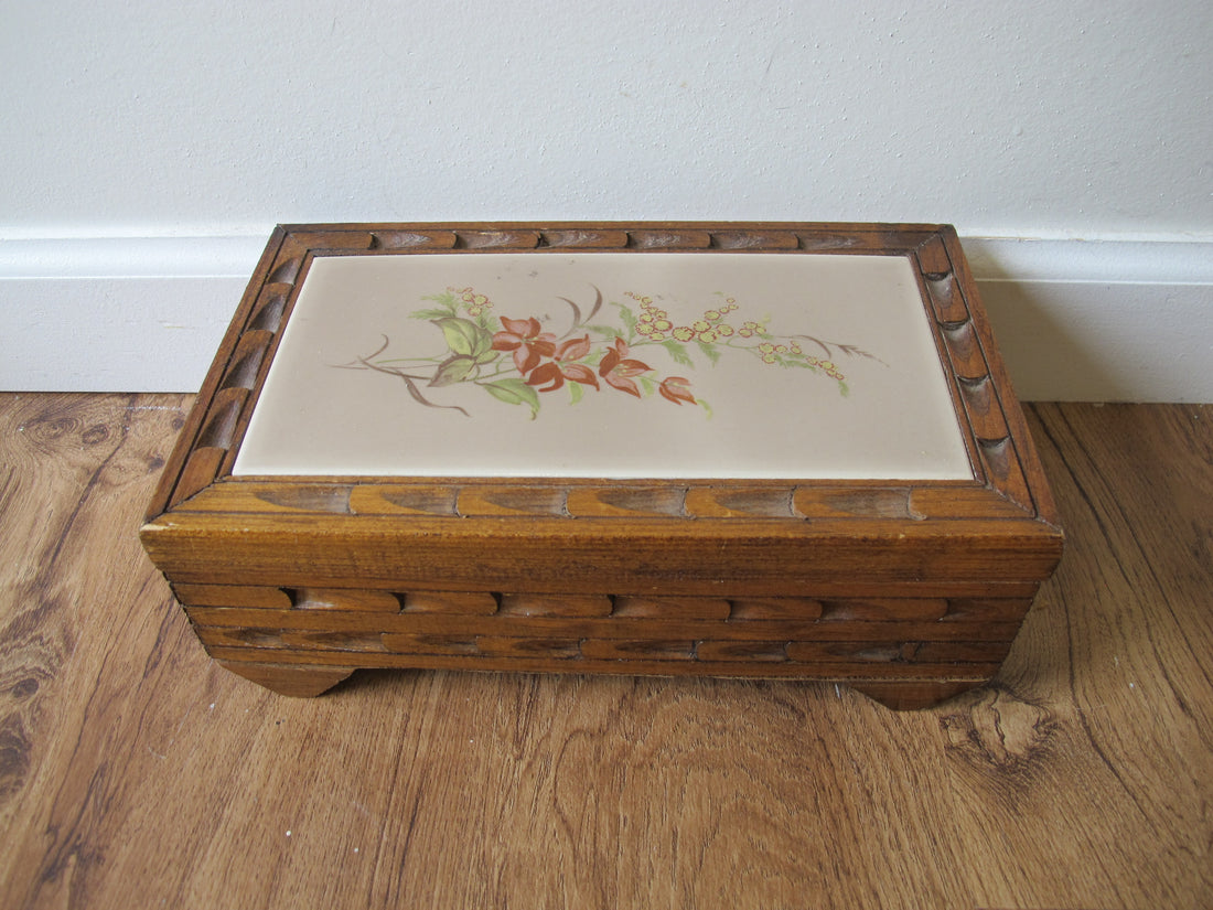 Vintage Mexican Tile & Carved Wood Jewelry Box with Mirror – Handcrafted Folk Art Keepsake Box