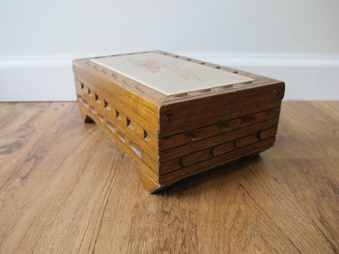 Vintage Mexican Tile & Carved Wood Jewelry Box with Mirror – Handcrafted Folk Art Keepsake Box