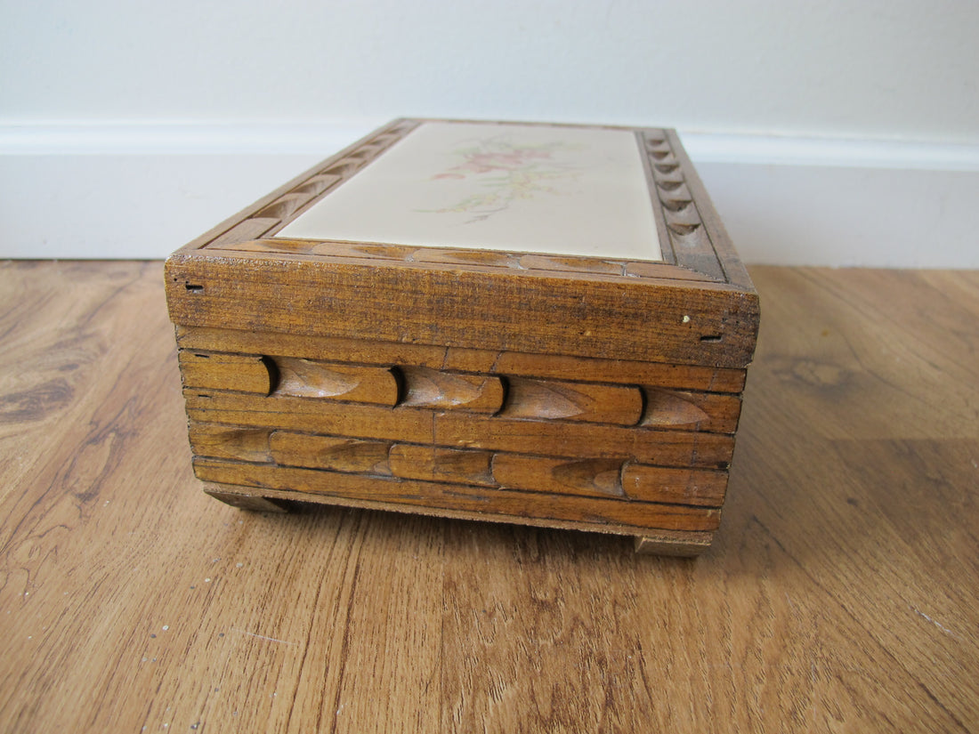 Vintage Mexican Tile & Carved Wood Jewelry Box with Mirror – Handcrafted Folk Art Keepsake Box