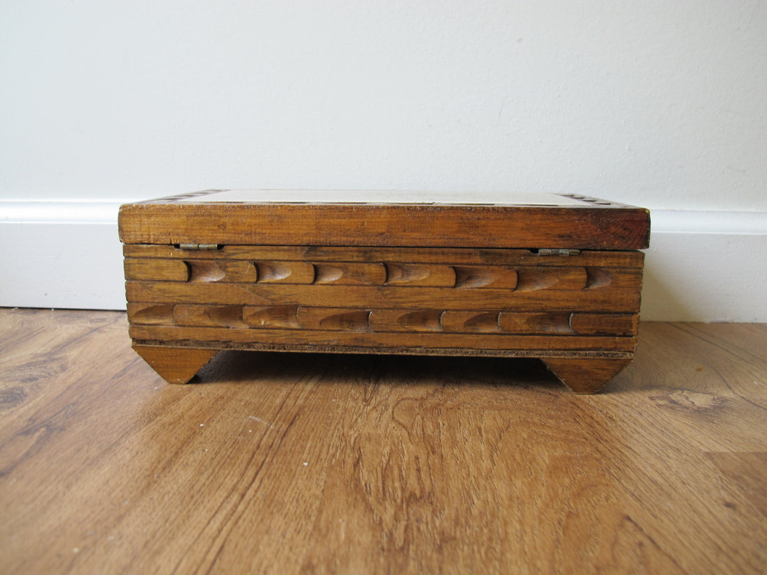 Vintage Mexican Tile & Carved Wood Jewelry Box with Mirror – Handcrafted Folk Art Keepsake Box