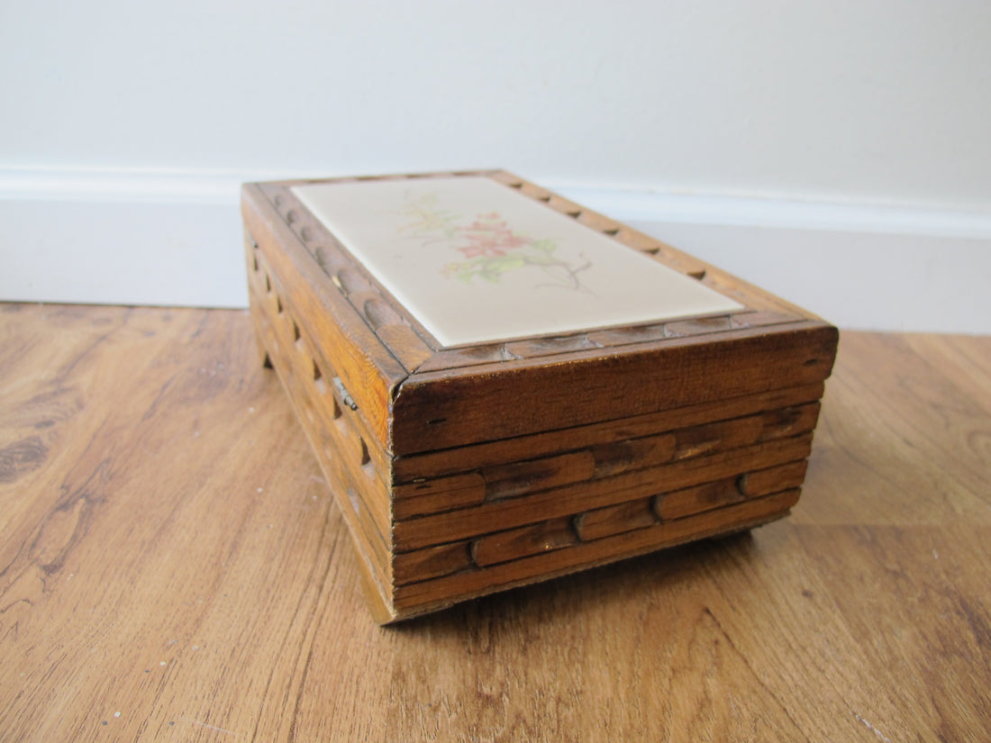 Vintage Mexican Tile & Carved Wood Jewelry Box with Mirror – Handcrafted Folk Art Keepsake Box