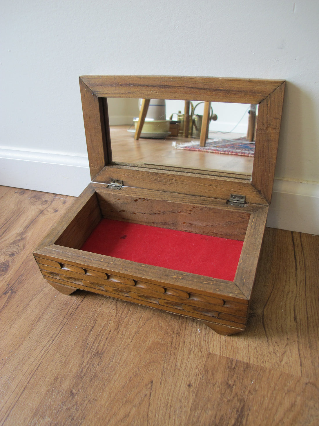 Vintage Mexican Tile & Carved Wood Jewelry Box with Mirror – Handcrafted Folk Art Keepsake Box