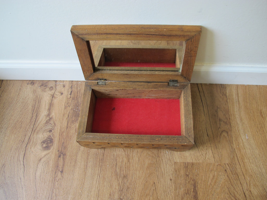 Vintage Mexican Tile & Carved Wood Jewelry Box with Mirror – Handcrafted Folk Art Keepsake Box