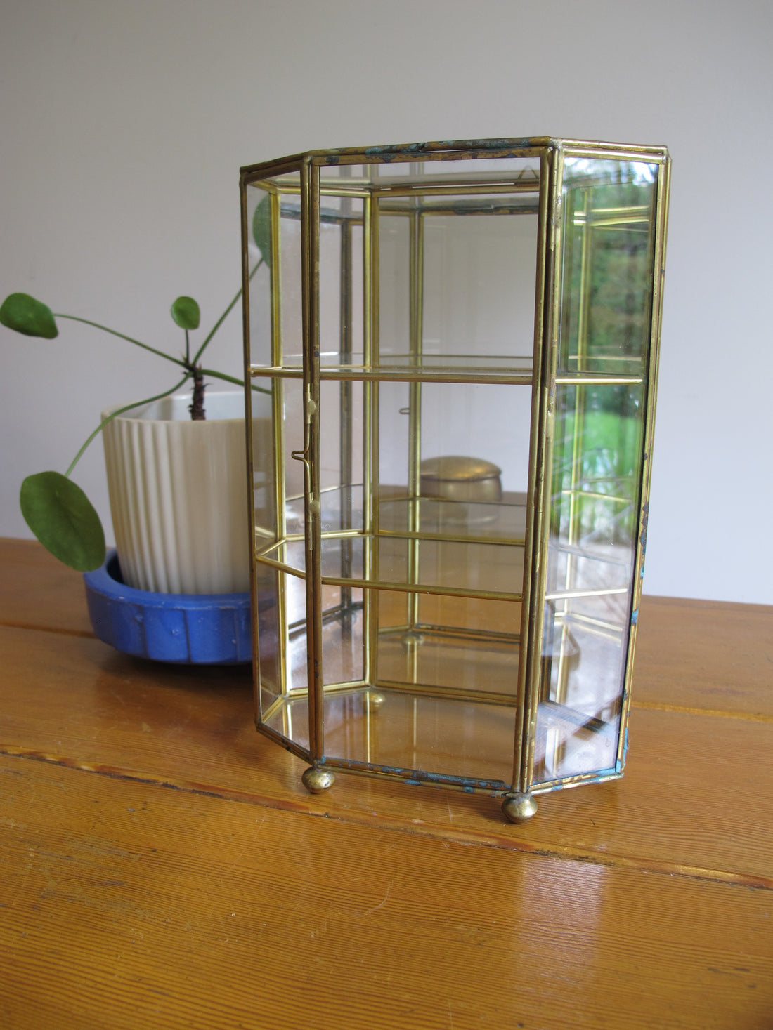 Mirrored Brass and Glass Miniature Curio Cabinet Wall Shelf