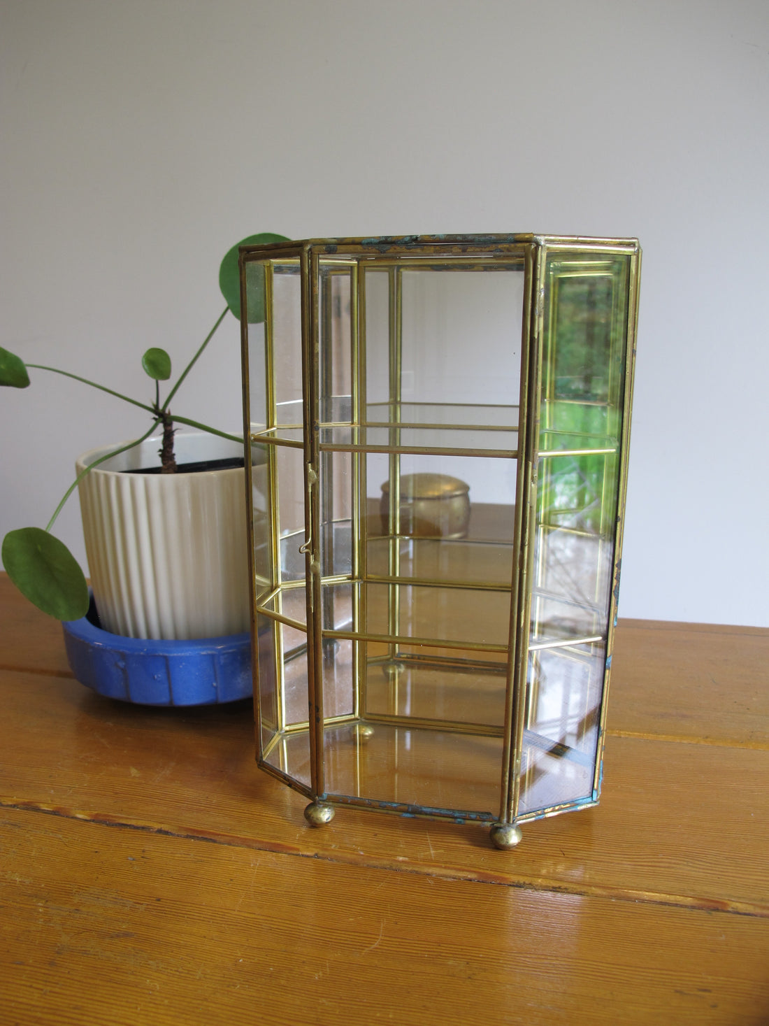 Mirrored Brass and Glass Miniature Curio Cabinet Wall Shelf