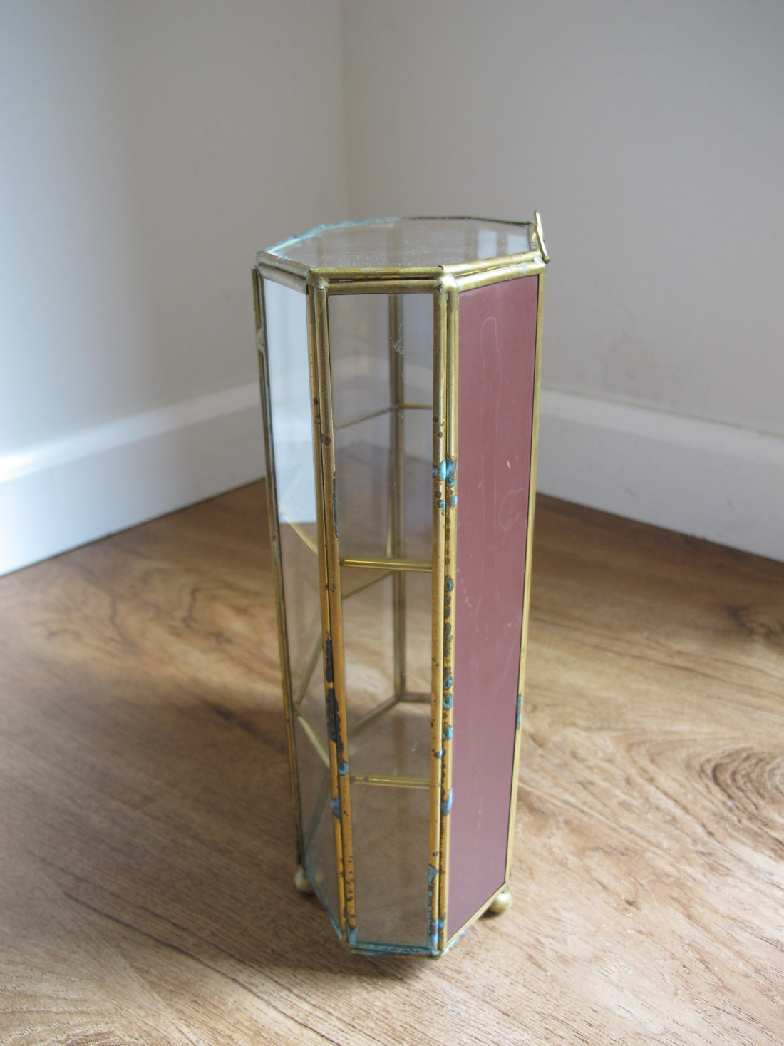 Mirrored Brass and Glass Miniature Curio Cabinet Wall Shelf