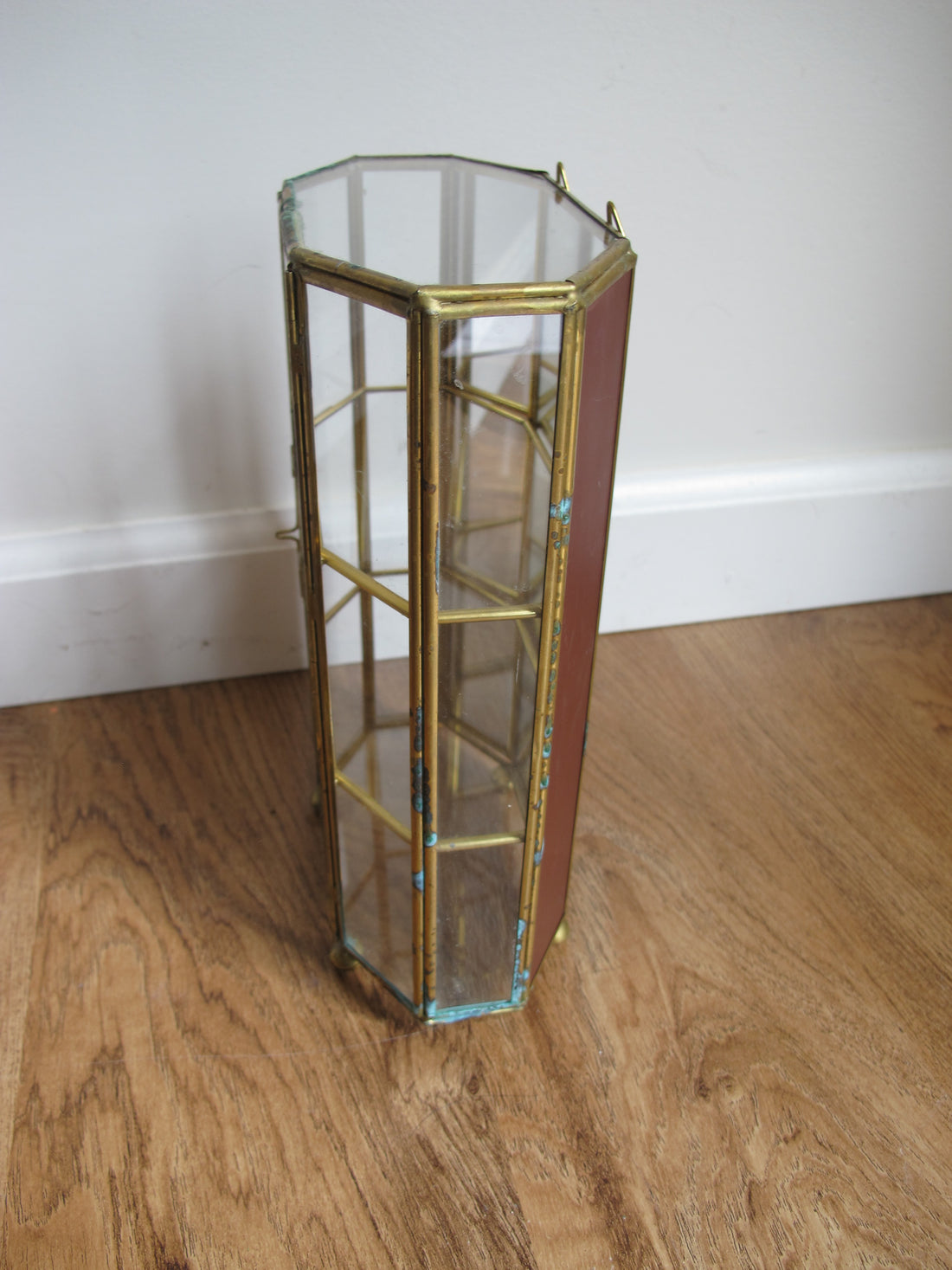 Mirrored Brass and Glass Miniature Curio Cabinet Wall Shelf