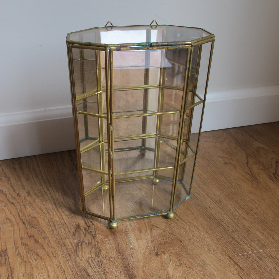 Mirrored Brass and Glass Miniature Curio Cabinet Wall Shelf