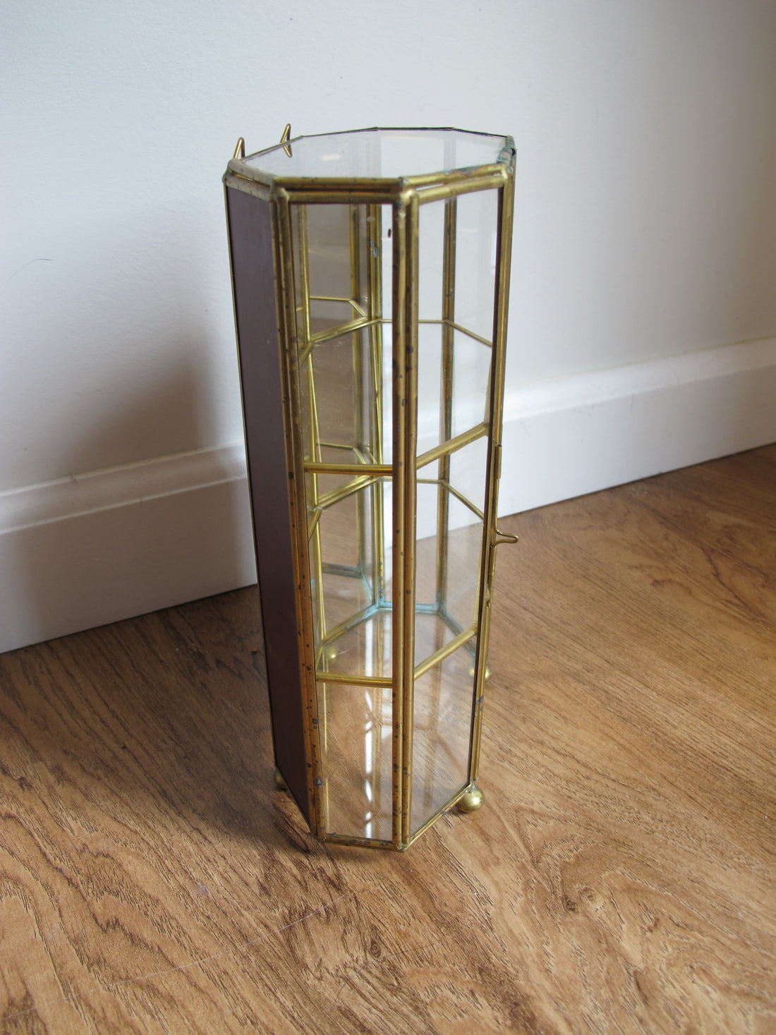 Mirrored Brass and Glass Miniature Curio Cabinet Wall Shelf