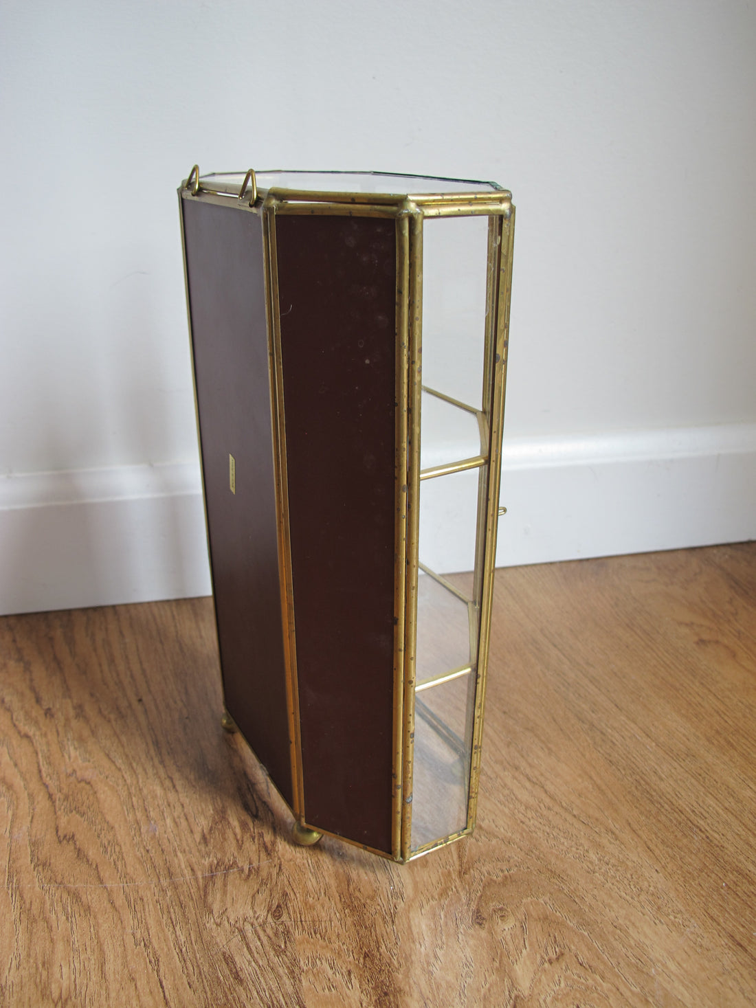 Mirrored Brass and Glass Miniature Curio Cabinet Wall Shelf