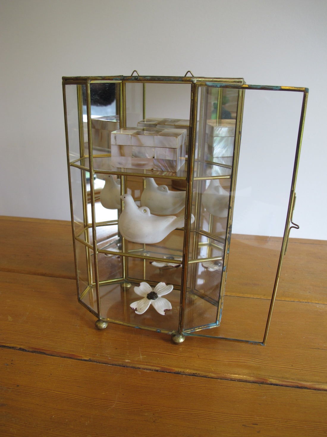 Mirrored Brass and Glass Miniature Curio Cabinet Wall Shelf