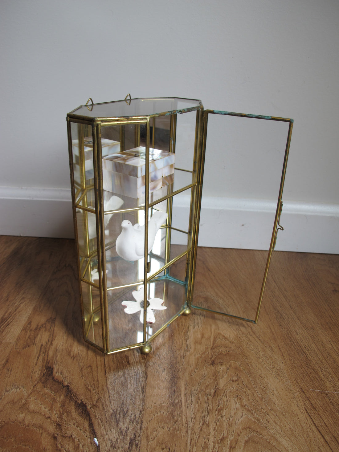 Mirrored Brass and Glass Miniature Curio Cabinet Wall Shelf
