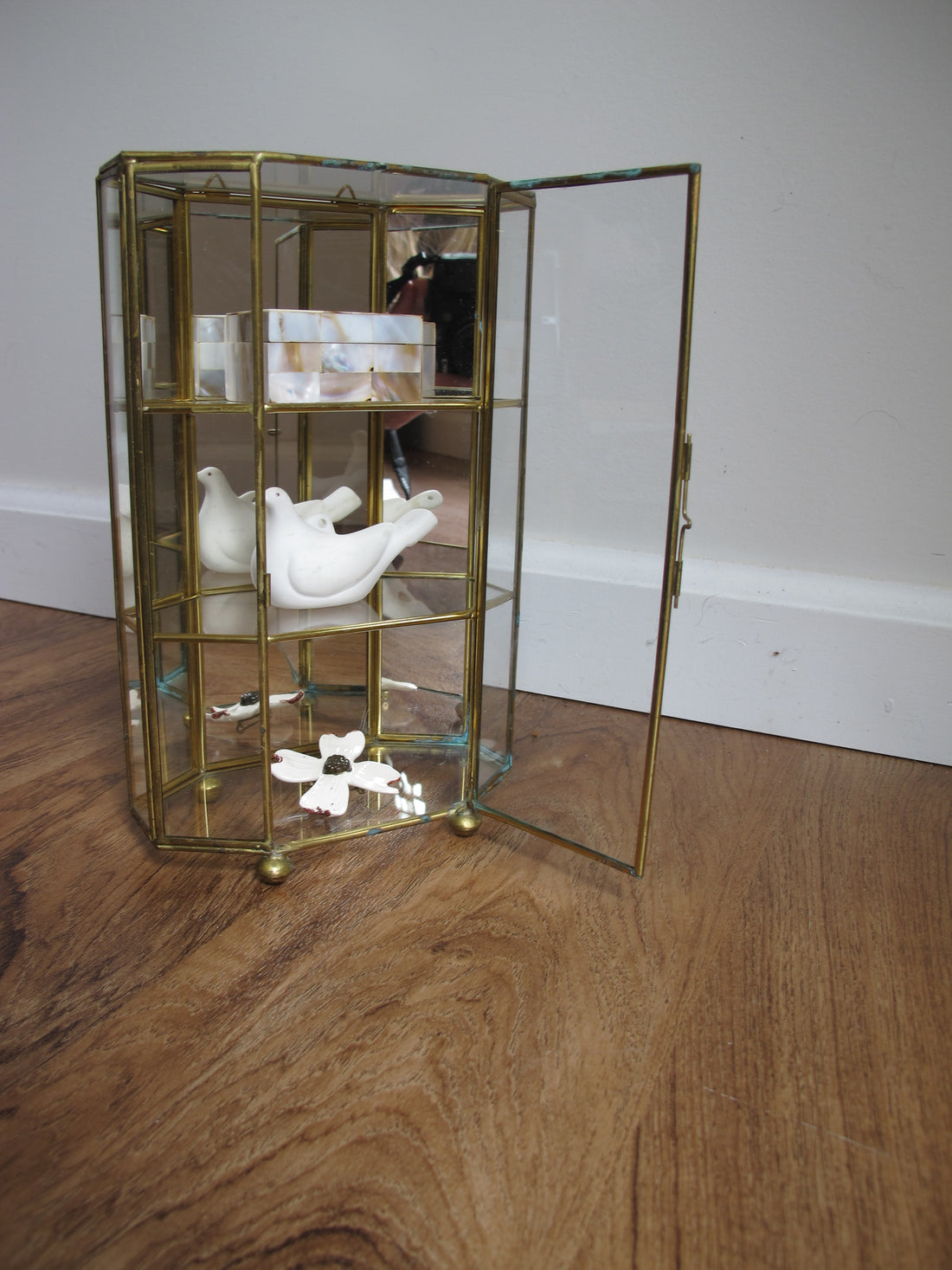 Mirrored Brass and Glass Miniature Curio Cabinet Wall Shelf