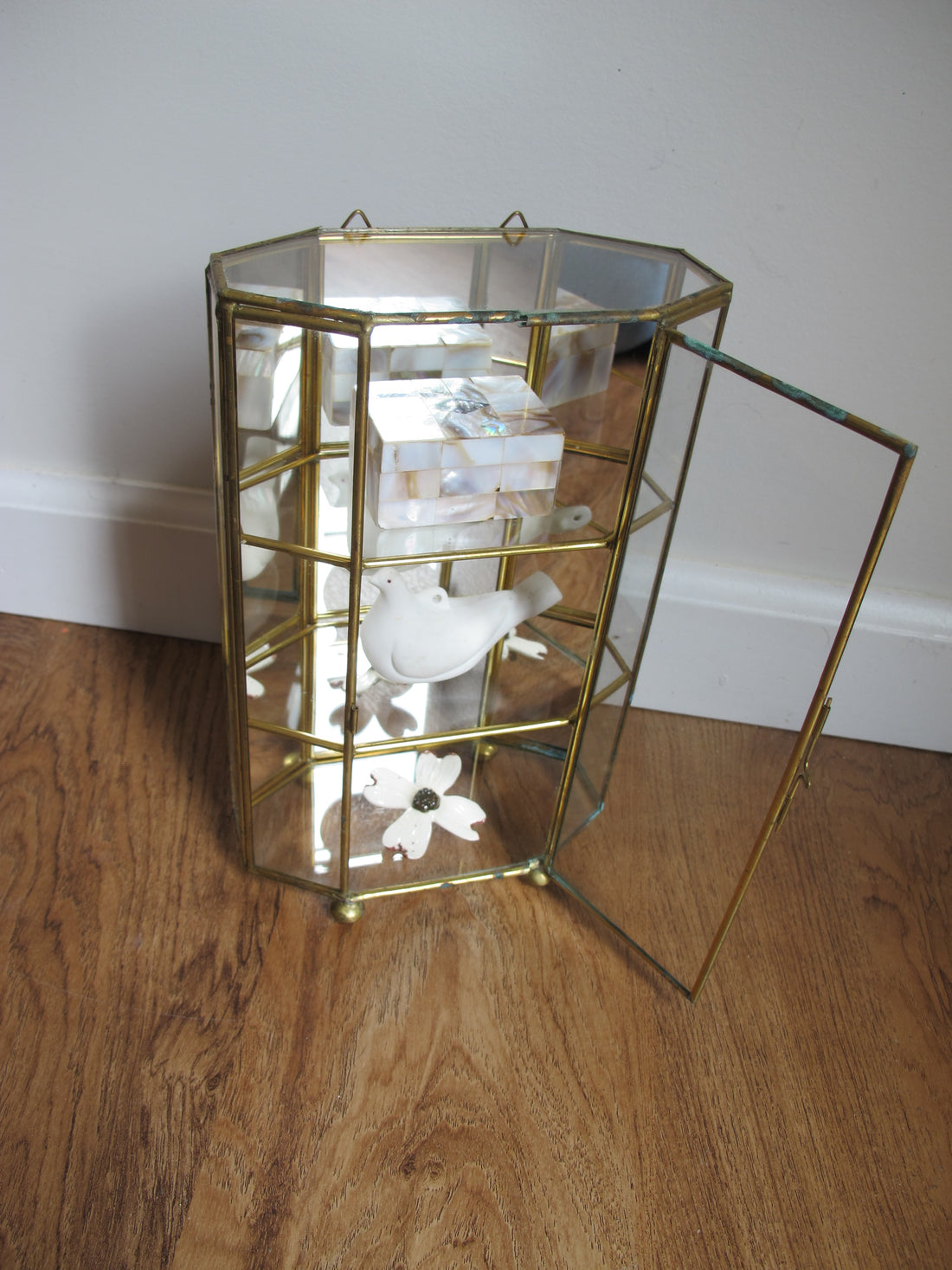 Mirrored Brass and Glass Miniature Curio Cabinet Wall Shelf