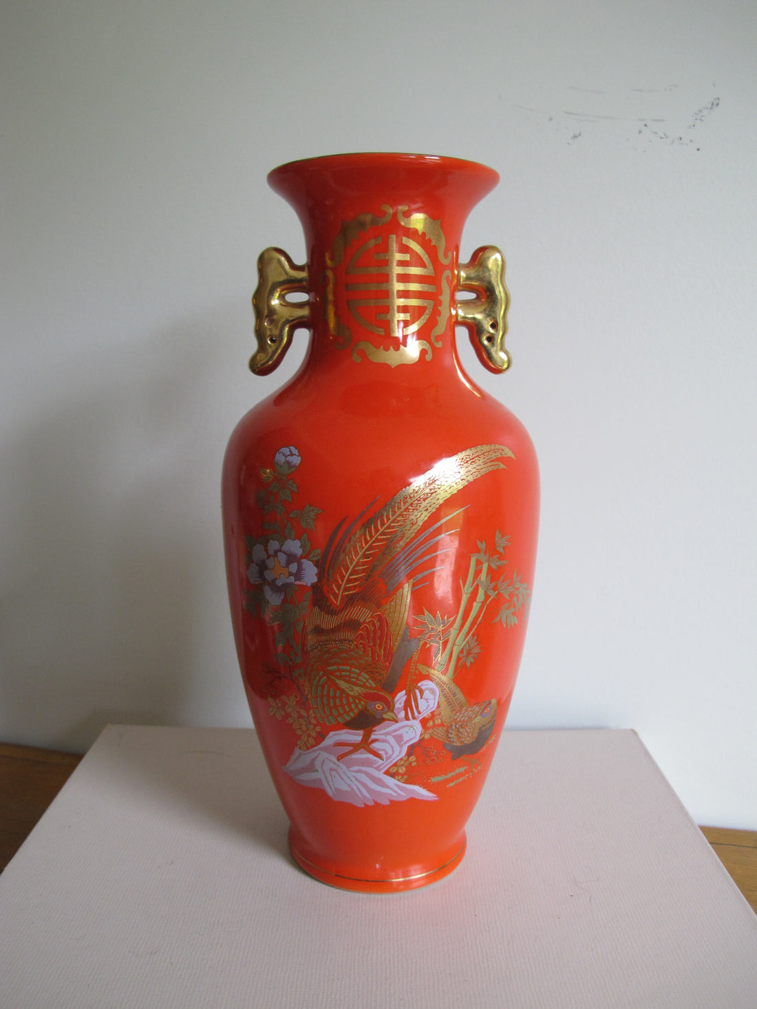 Vase Chinese Persimmon Vintage Chinoiserie Porcelain Bird Art - Not Signed or Stamped