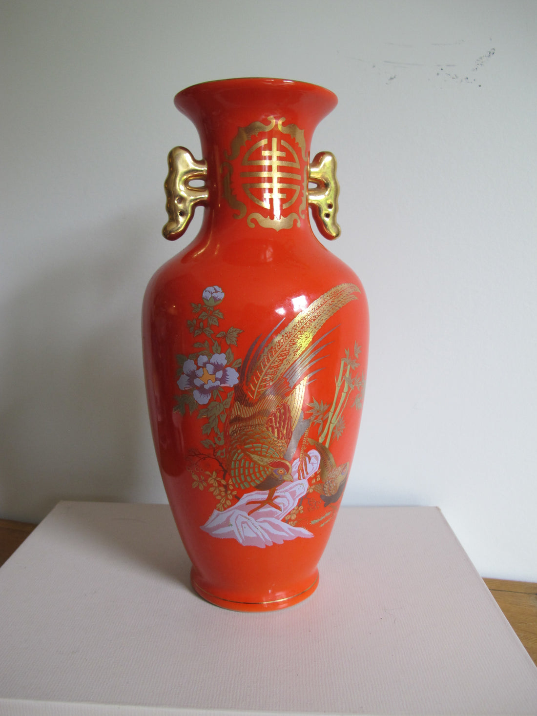 Vase Chinese Persimmon Vintage Chinoiserie Porcelain Bird Art - Not Signed or Stamped