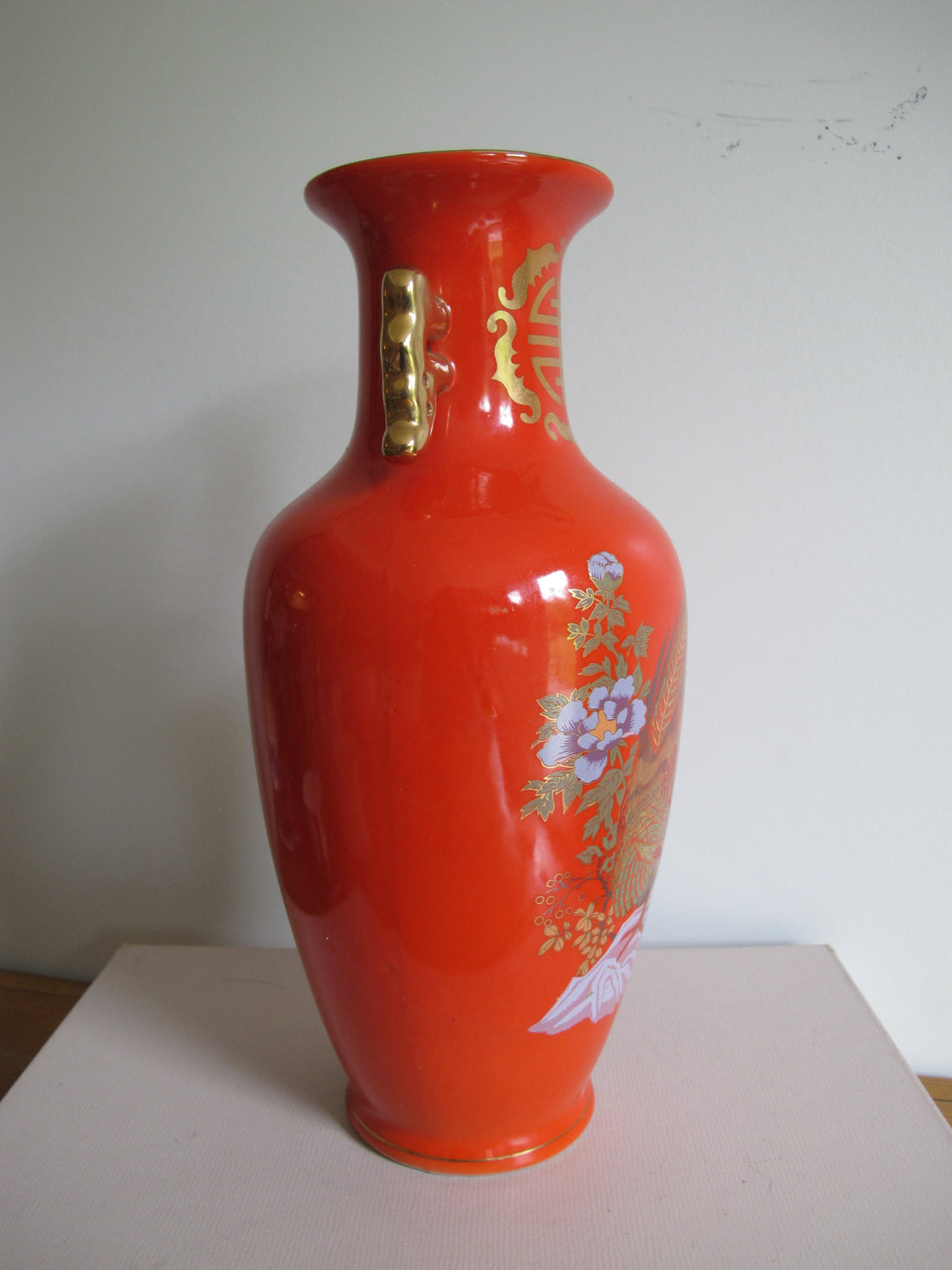 Vase Chinese Persimmon Vintage Chinoiserie Porcelain Bird Art - Not Signed or Stamped