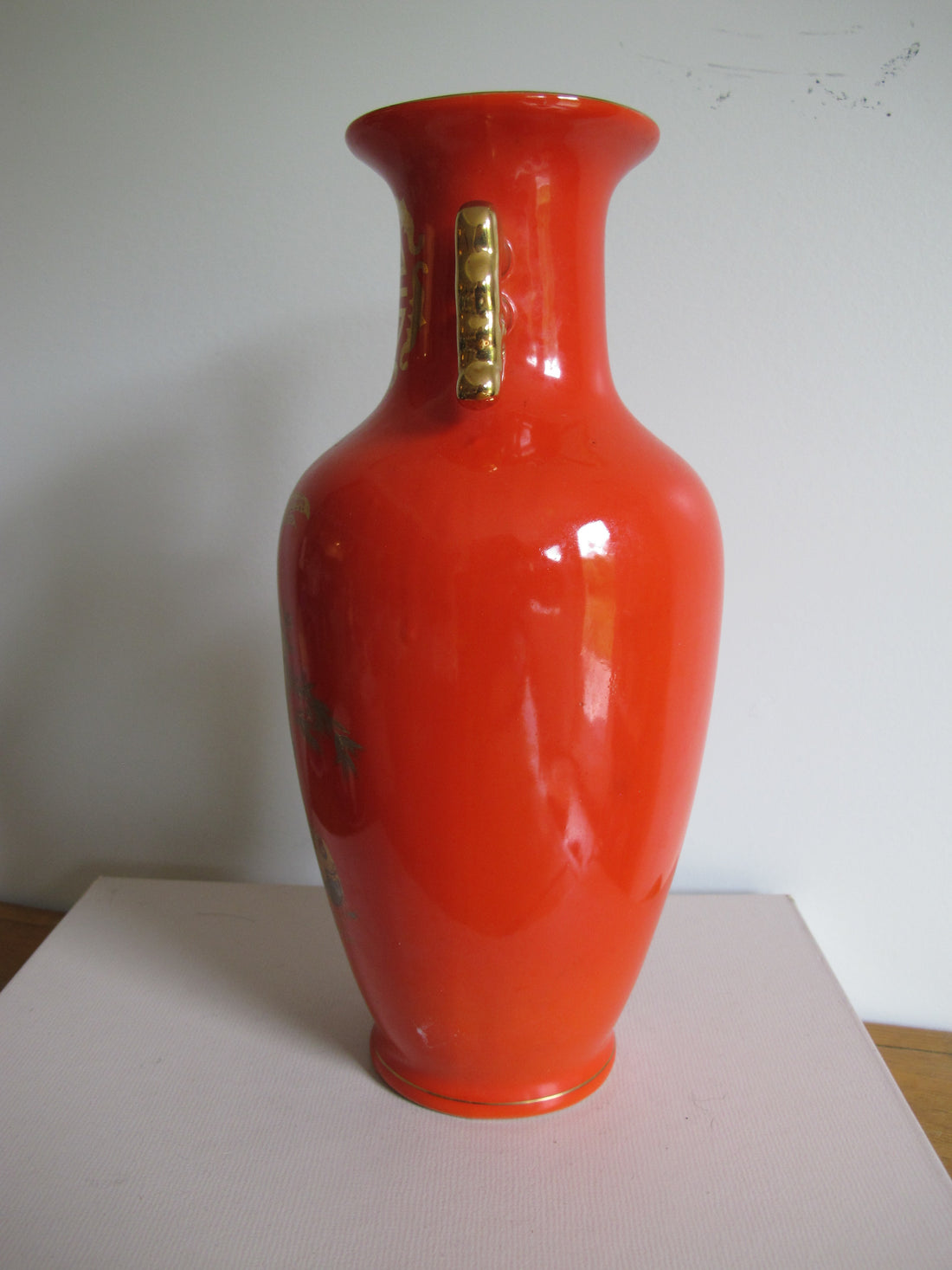 Vase Chinese Persimmon Vintage Chinoiserie Porcelain Bird Art - Not Signed or Stamped