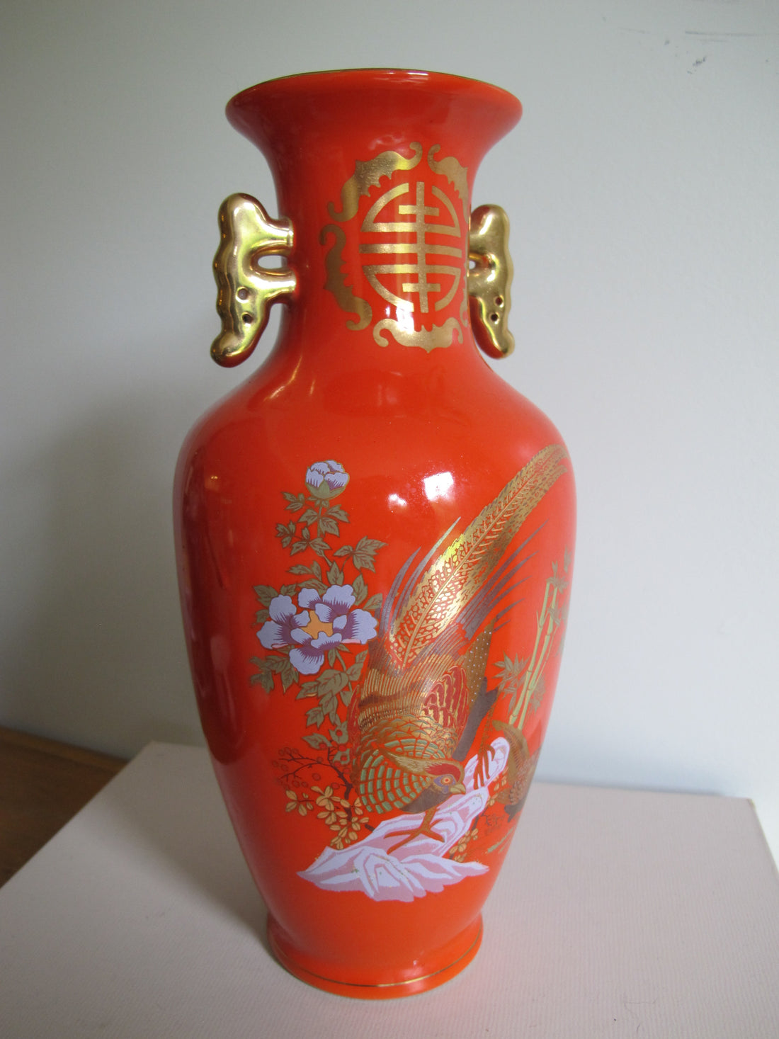 Vase Chinese Persimmon Vintage Chinoiserie Porcelain Bird Art - Not Signed or Stamped
