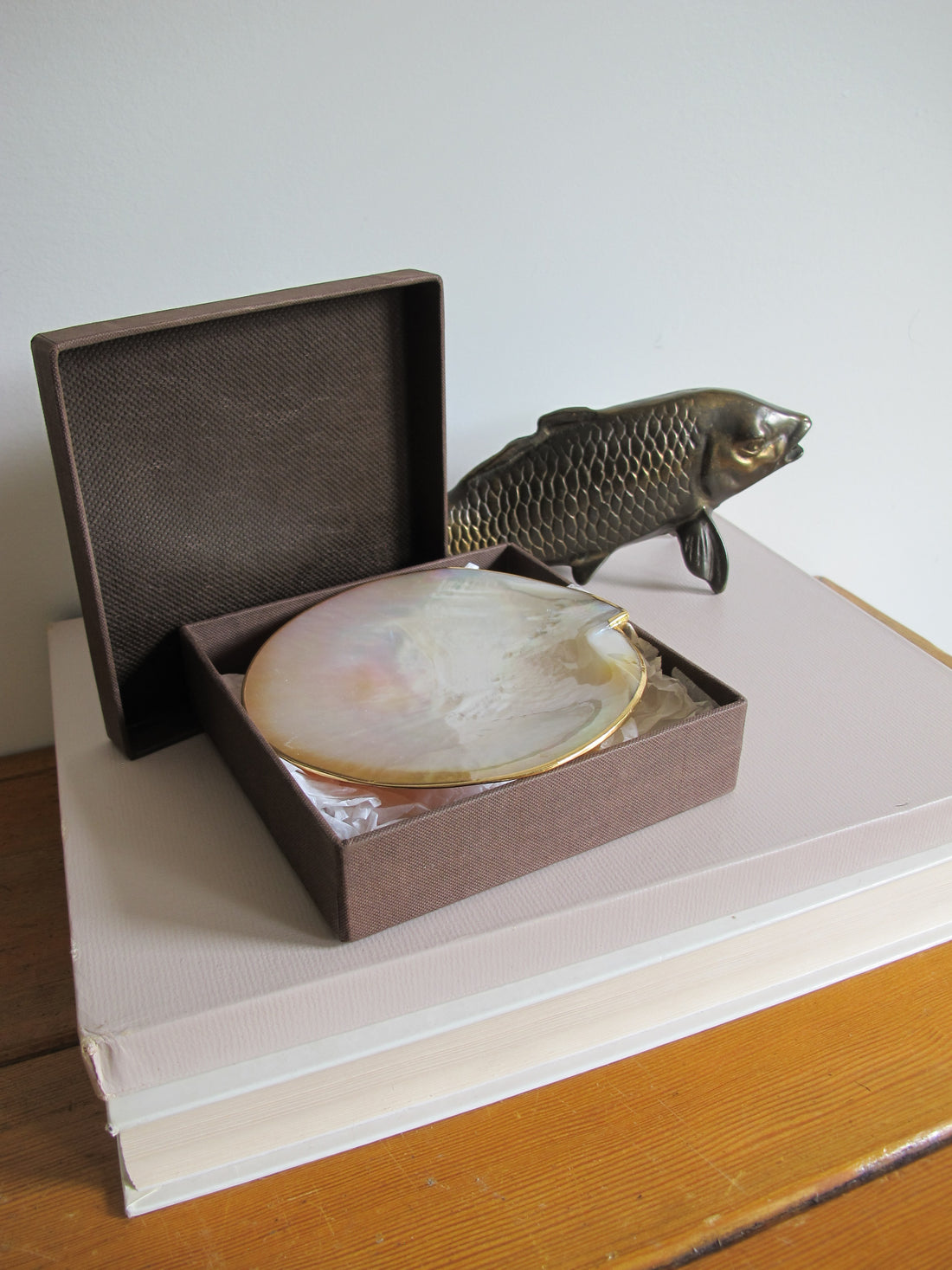 Shell Caviar Dish Mother of Pearl Indonesia With Gold Trim and Legs