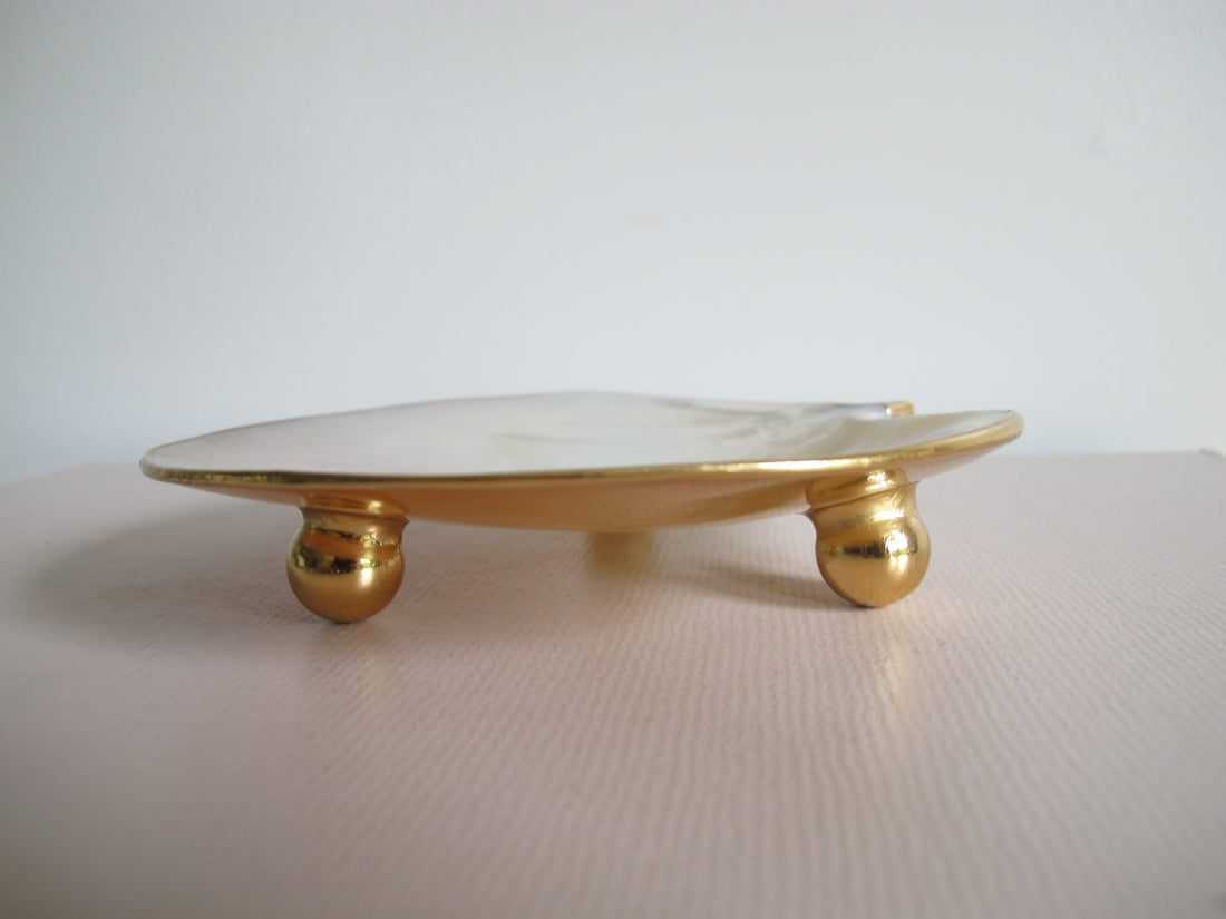 Shell Caviar Dish Mother of Pearl Indonesia With Gold Trim and Legs