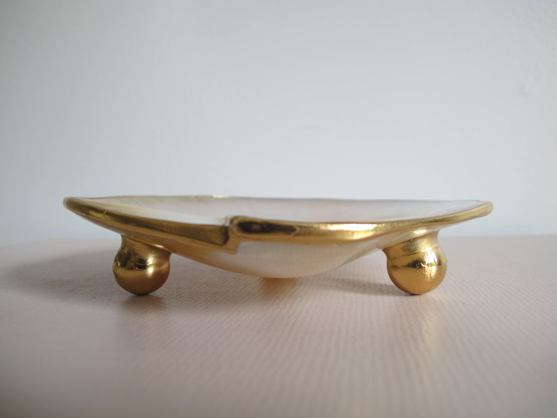 Shell Caviar Dish Mother of Pearl Indonesia With Gold Trim and Legs