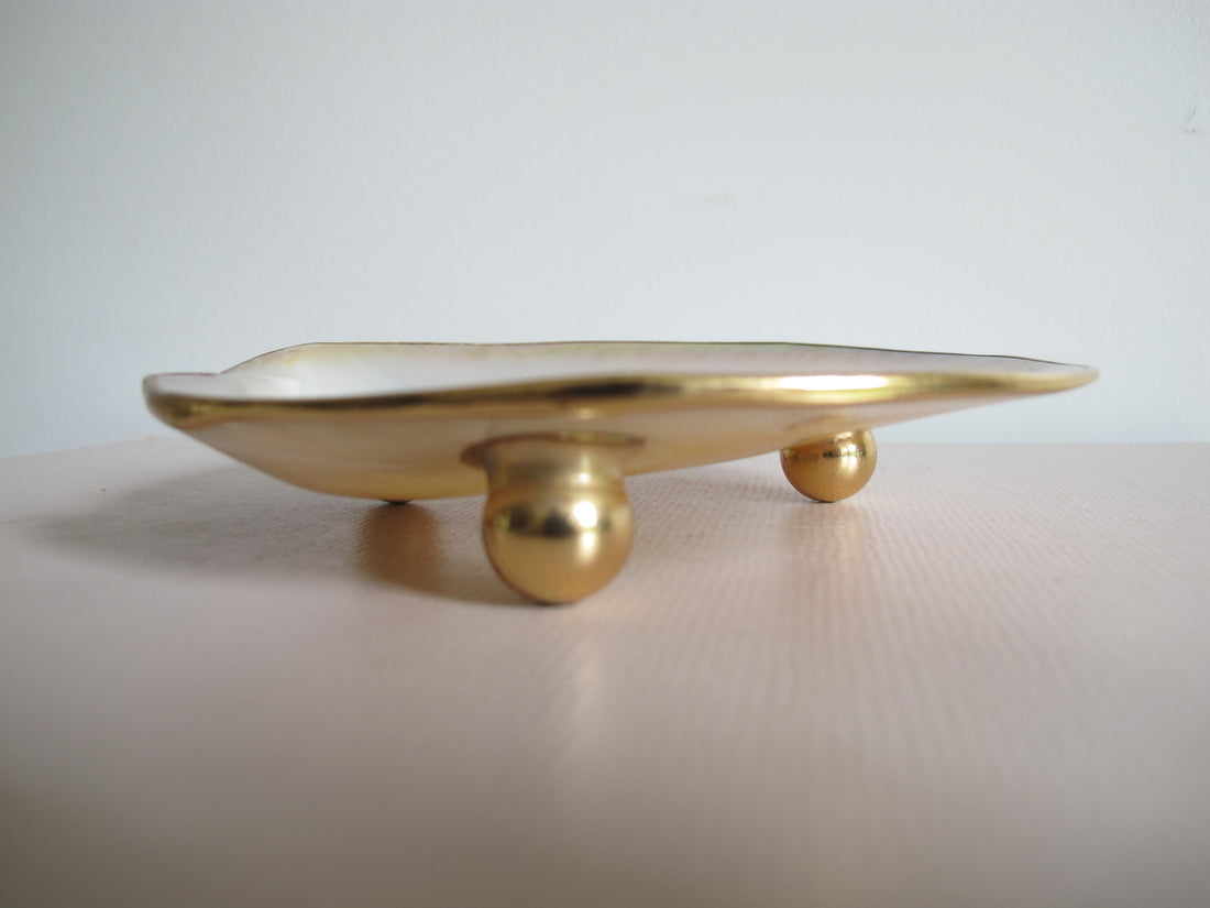 Shell Caviar Dish Mother of Pearl Indonesia With Gold Trim and Legs