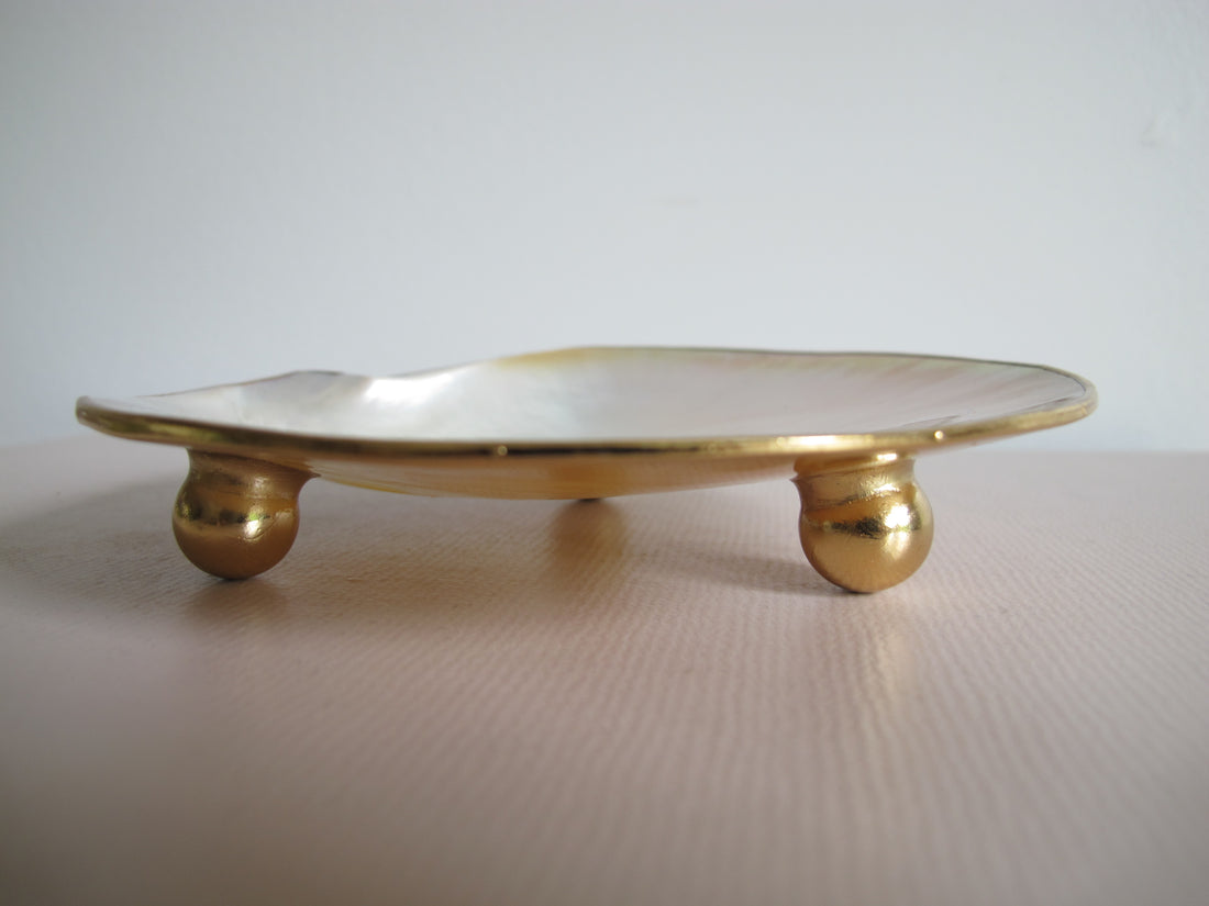 Shell Caviar Dish Mother of Pearl Indonesia With Gold Trim and Legs
