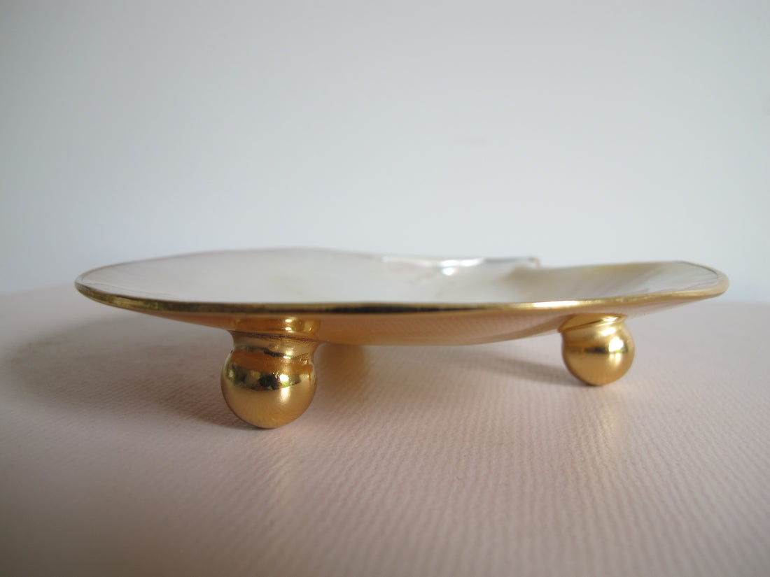 Shell Caviar Dish Mother of Pearl Indonesia With Gold Trim and Legs