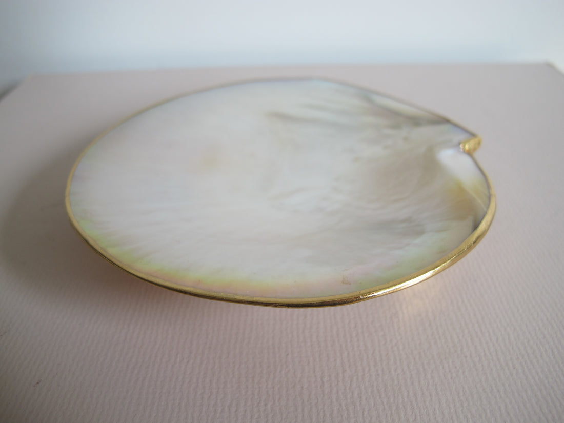 Shell Caviar Dish Mother of Pearl Indonesia With Gold Trim and Legs