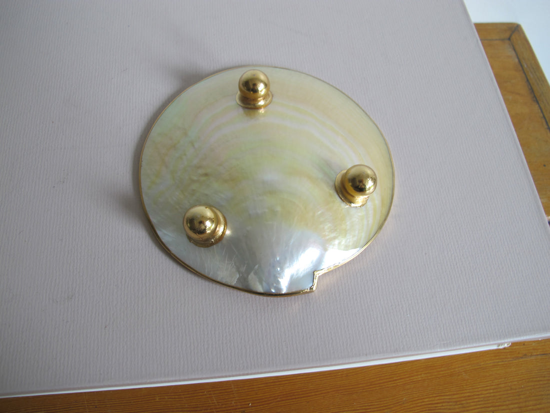 Shell Caviar Dish Mother of Pearl Indonesia With Gold Trim and Legs