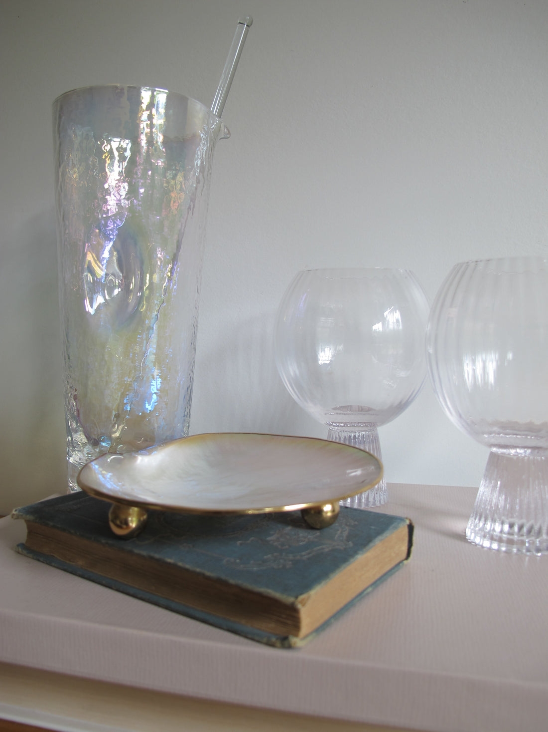 Shell Caviar Dish Mother of Pearl Indonesia With Gold Trim and Legs