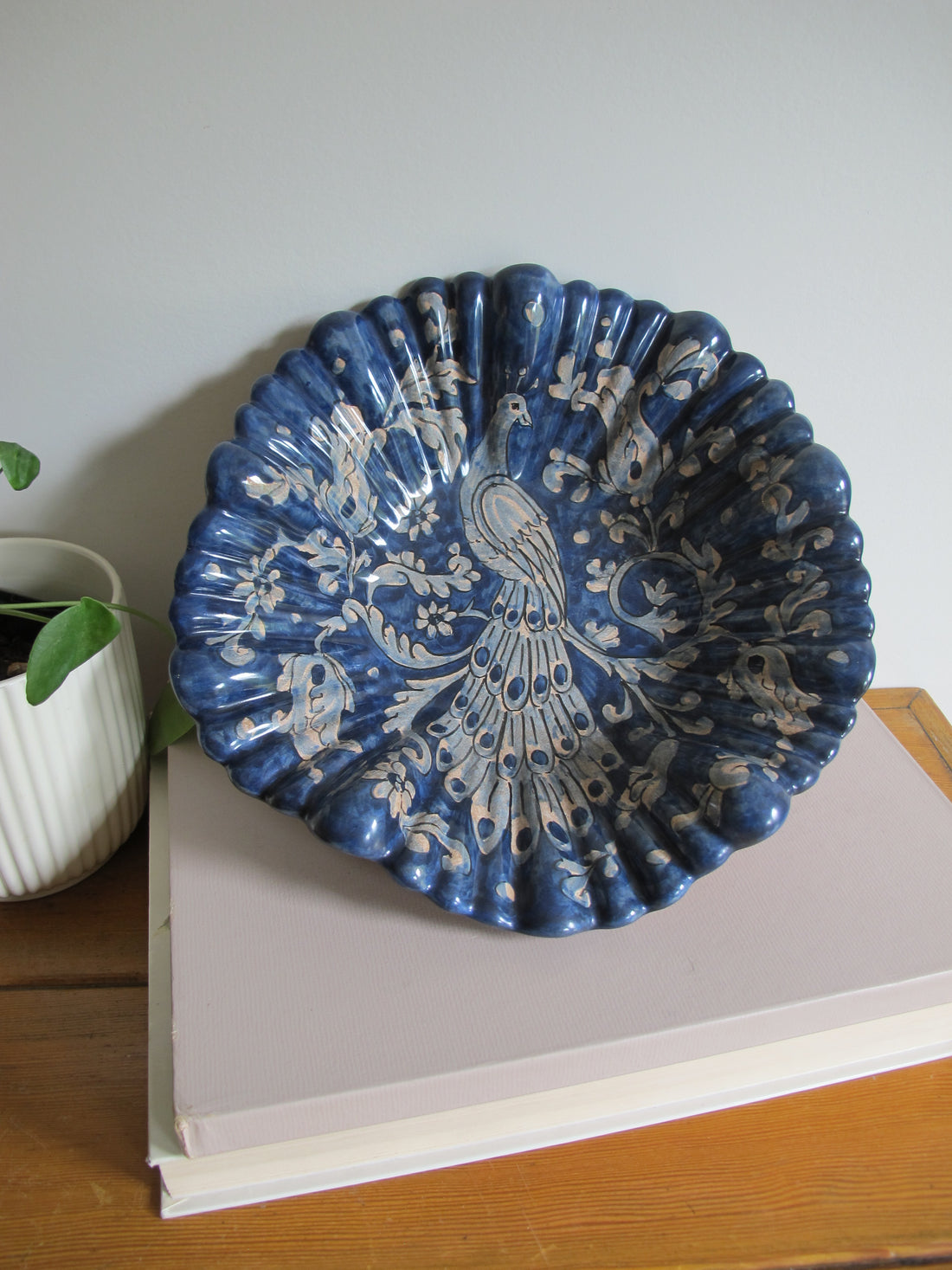 Vintage Biagioli Scalloped Bowl Gubbio Italy Blue & White Studio Pottery