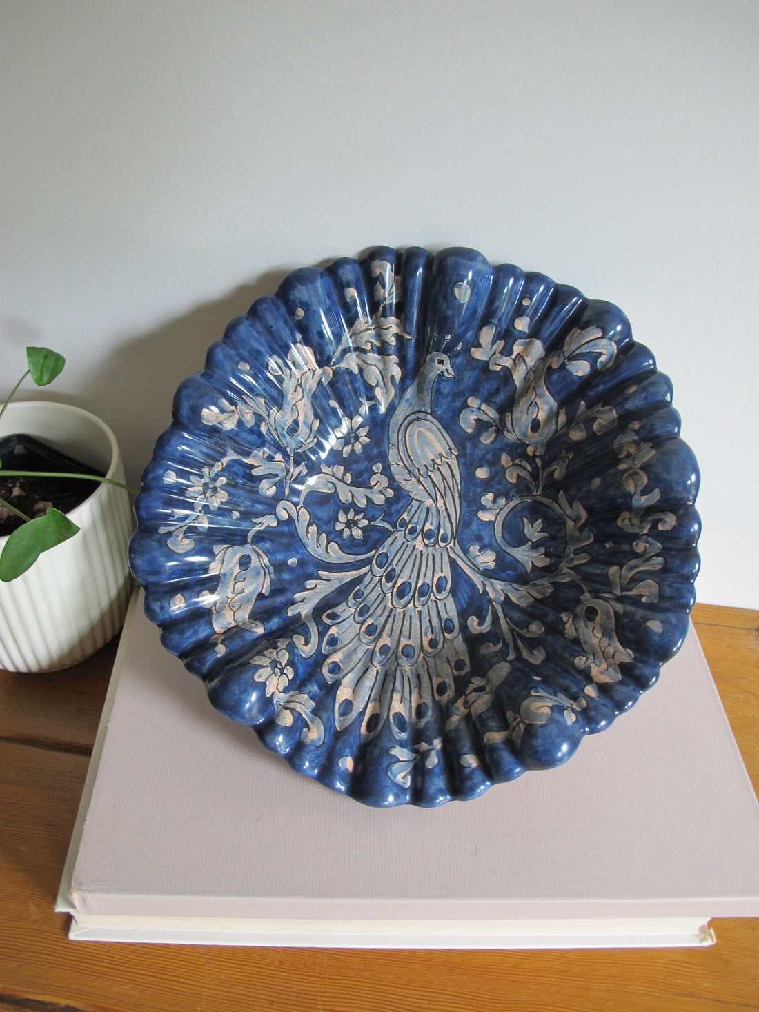 Vintage Biagioli Scalloped Bowl Gubbio Italy Blue & White Studio Pottery