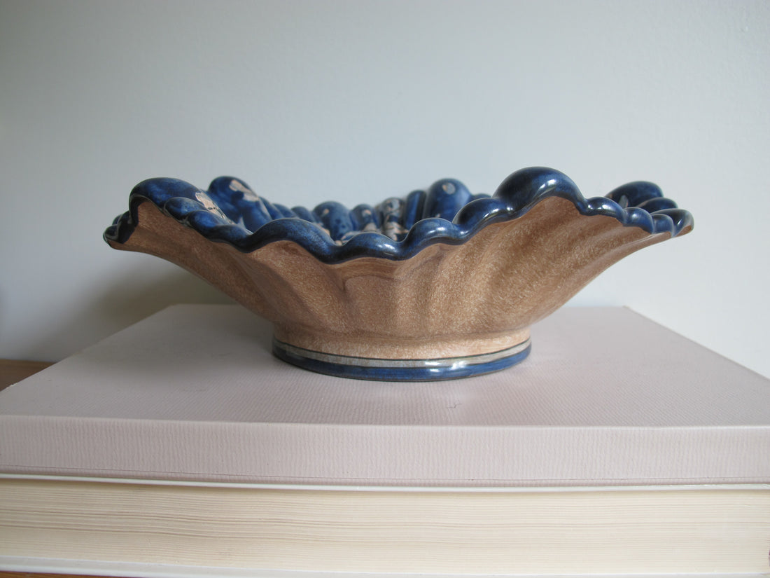 Vintage Biagioli Scalloped Bowl Gubbio Italy Blue & White Studio Pottery