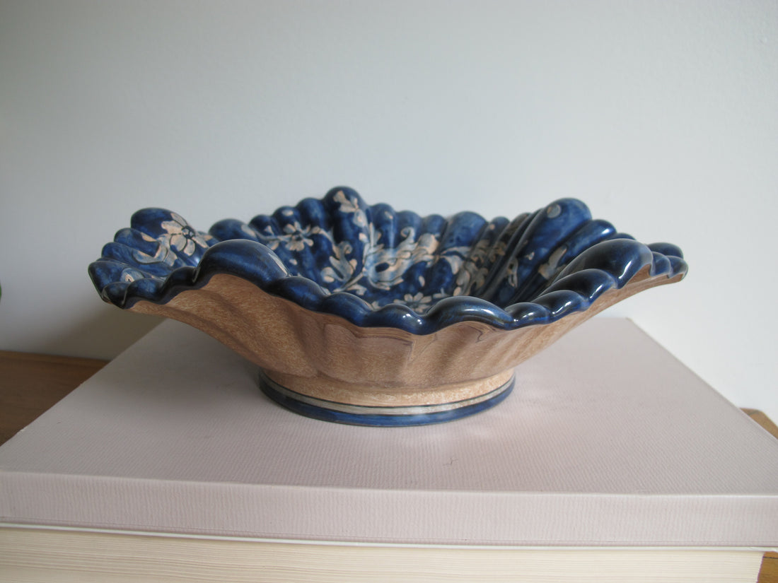 Vintage Biagioli Scalloped Bowl Gubbio Italy Blue & White Studio Pottery