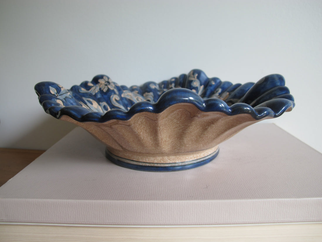 Vintage Biagioli Scalloped Bowl Gubbio Italy Blue & White Studio Pottery