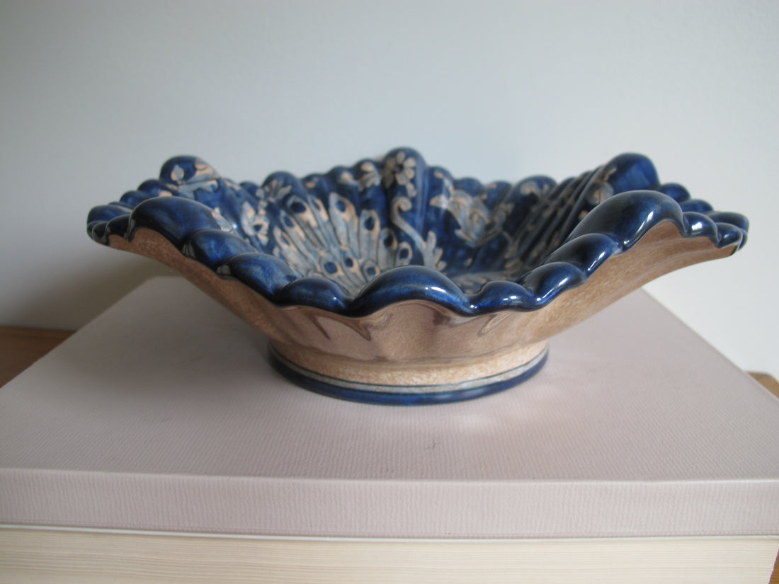 Vintage Biagioli Scalloped Bowl Gubbio Italy Blue & White Studio Pottery