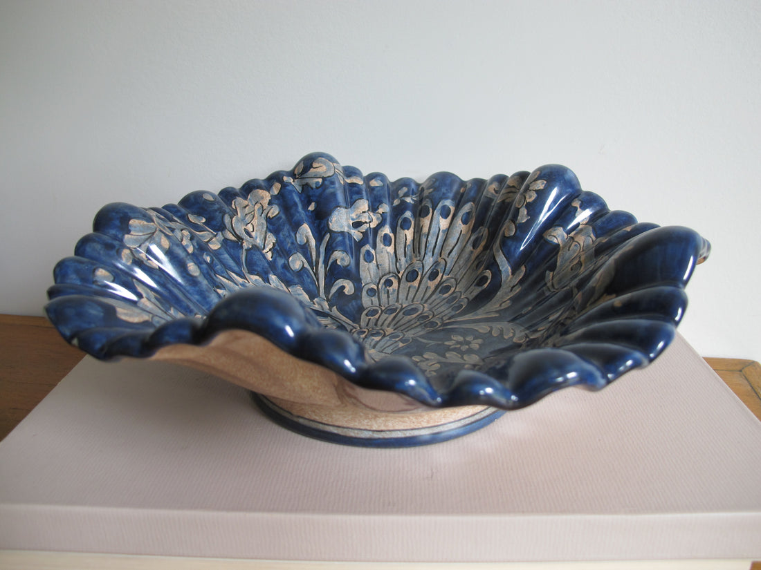 Vintage Biagioli Scalloped Bowl Gubbio Italy Blue & White Studio Pottery