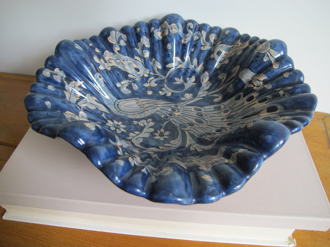 Vintage Biagioli Scalloped Bowl Gubbio Italy Blue & White Studio Pottery