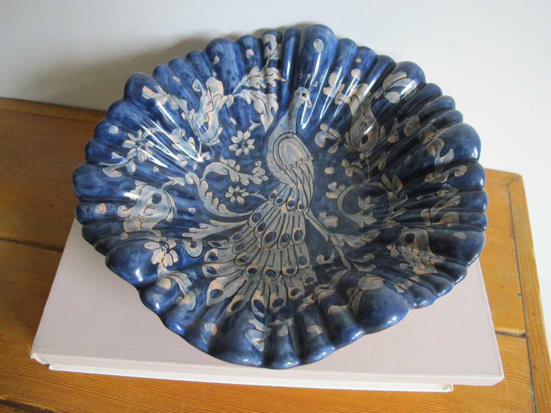 Vintage Biagioli Scalloped Bowl Gubbio Italy Blue & White Studio Pottery