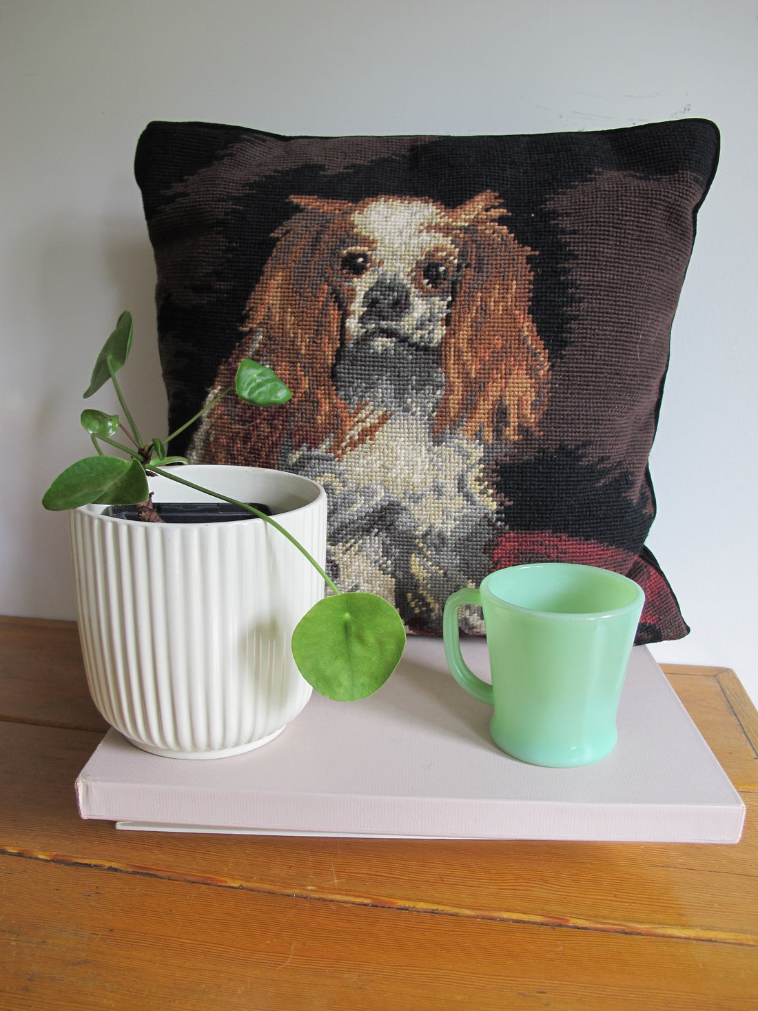 Embroidered Dog Pillow Spaniel Velvet Vintage Needlepoint Pillow