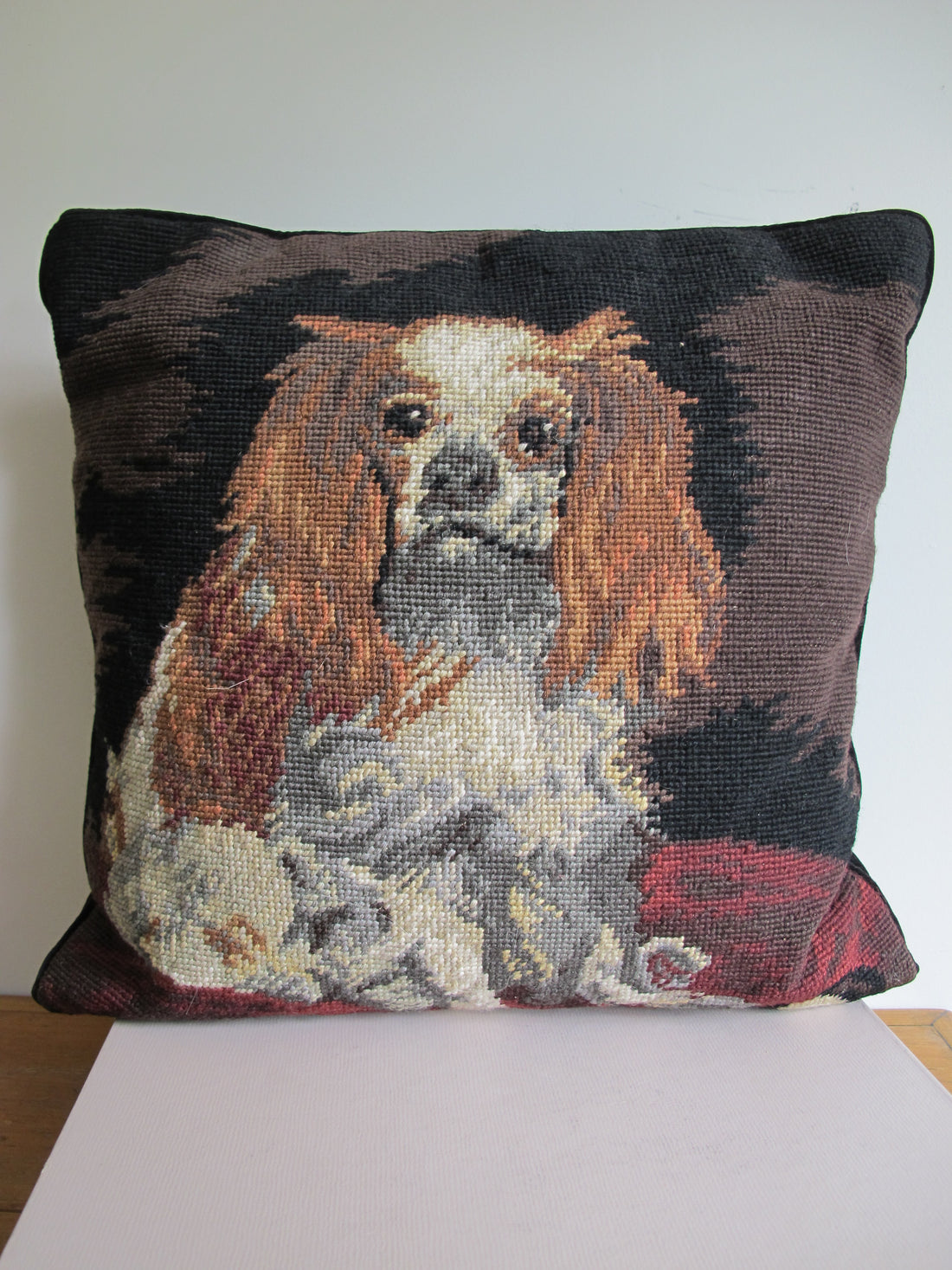 Embroidered Dog Pillow Spaniel Velvet Vintage Needlepoint Pillow