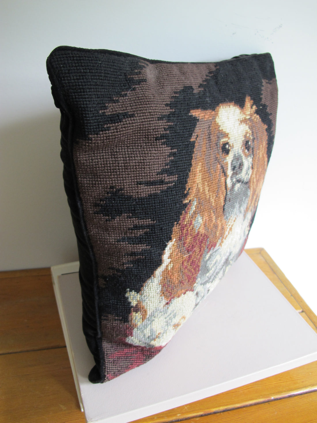 Embroidered Dog Pillow Spaniel Velvet Vintage Needlepoint Pillow