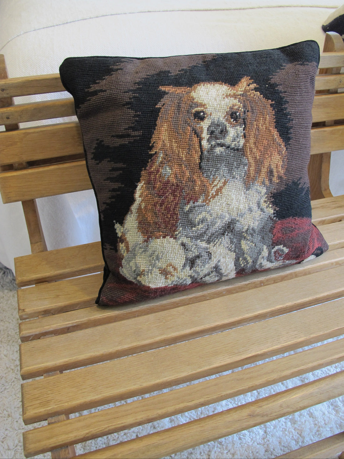 Embroidered Dog Pillow Spaniel Velvet Vintage Needlepoint Pillow