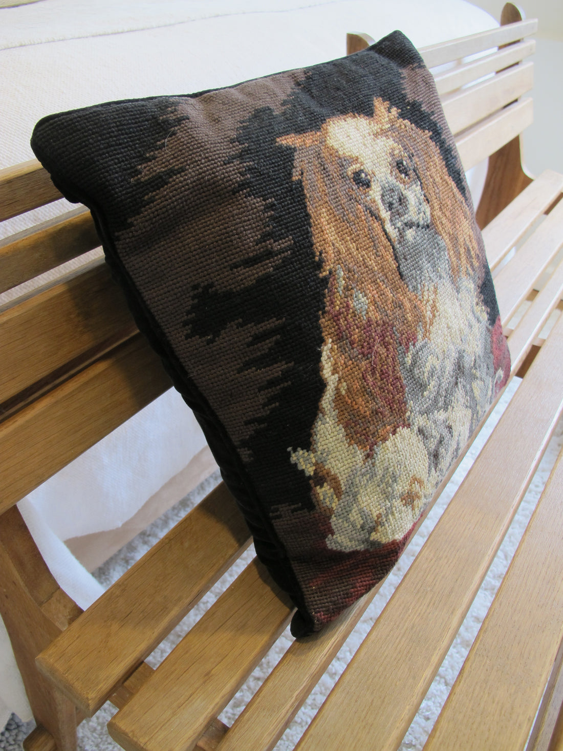 Embroidered Dog Pillow Spaniel Velvet Vintage Needlepoint Pillow
