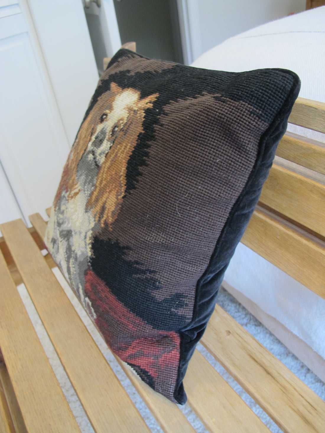 Embroidered Dog Pillow Spaniel Velvet Vintage Needlepoint Pillow