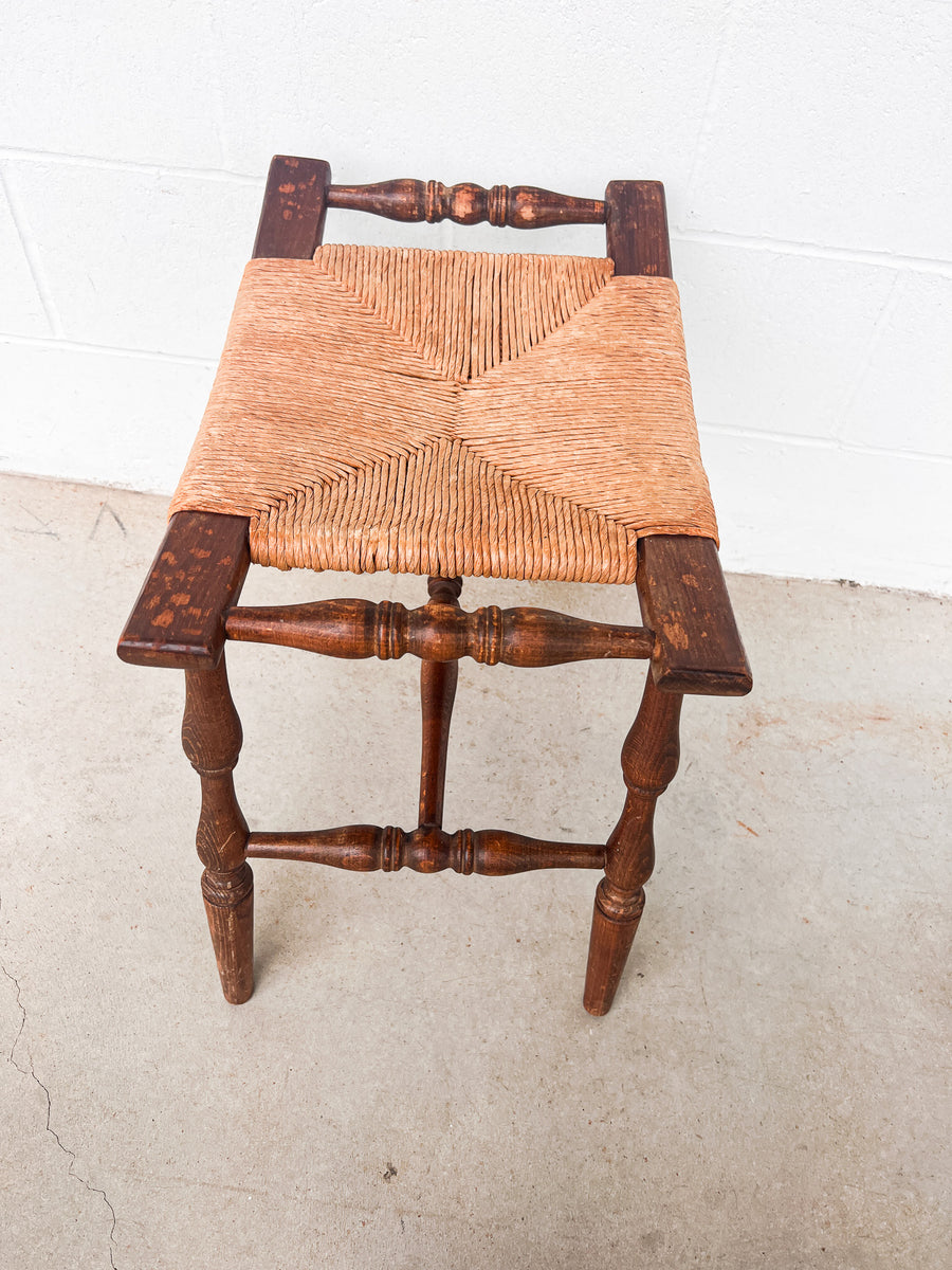 Primitive Curved Woven Rush Bench with Wood Frame